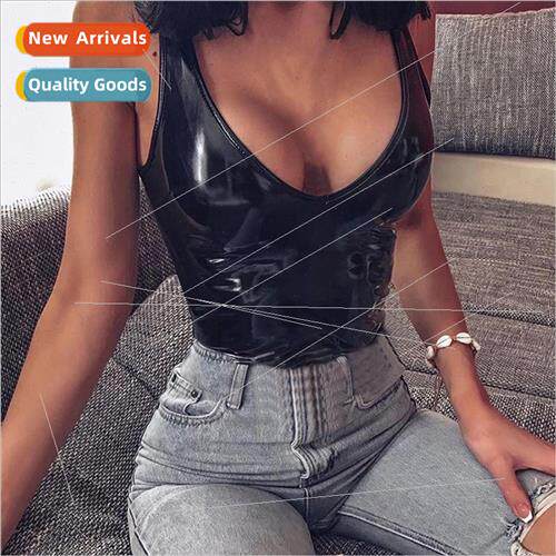 Black Leather Skinny Leather Sleeveless Set Woman Rompers Ba