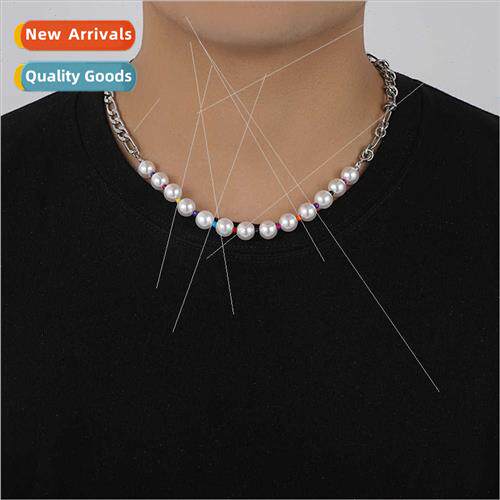 Bully stainless steel chain pearl splicing geometric necklac