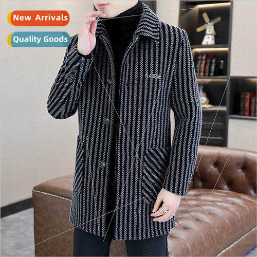 Striped lapel tweed coat men medium-length lapel striped cas