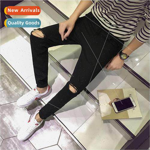 Summer new Kwon jeans knee holes small feet black tight one
