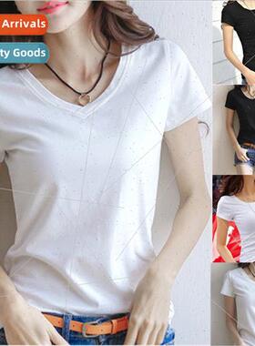 2022 Spring Summer Women Cotton T-shirt Black V-Neck Short S