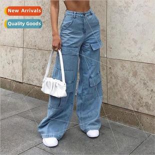 Mom Cargo Y2K Pocket Big Jeans Leg Wide Patchwork 90s Women