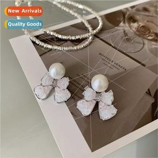 bow crystal earrings gentle earri Korea pearl niche