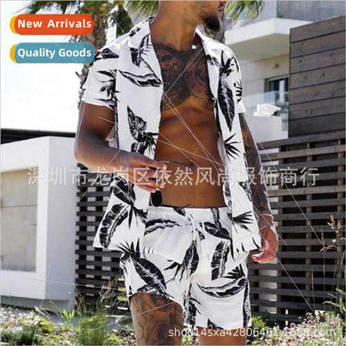 2023 Men Printed Casual Short Sleeve Beach Shirt Men Su