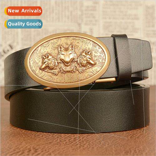 Three wolf head embossed automatic buckle men belt cowhide l