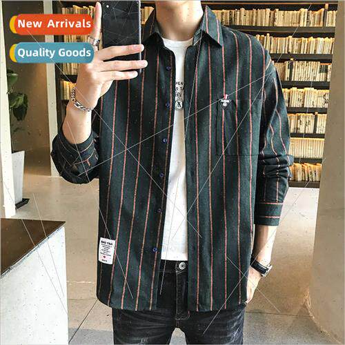 Men striped shirt 2023 new spring fall Korean  lapel nd wh c