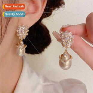 color shi French champagne earrings female zirconia pearl