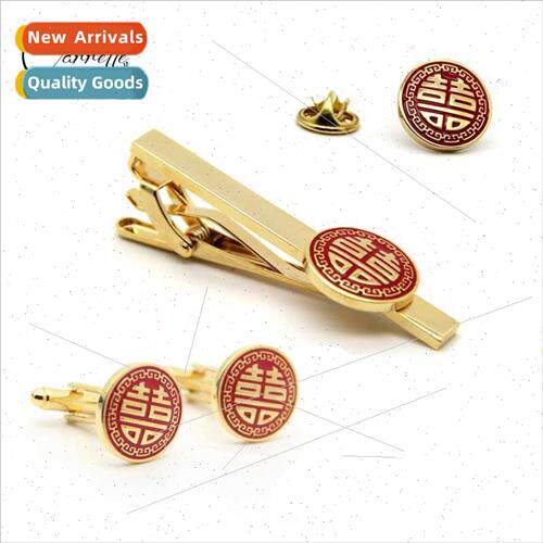 Gold Round Double Happiness Tie Clips Cufflinks Brooch Set G