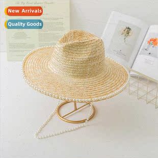 rimmed straw hat Large chain pearl jazz fashi brim