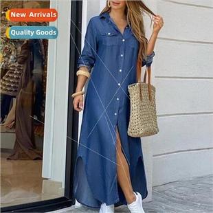 Autumn Long Dress Long Sleeve Shirt Dress Women Denim Long D