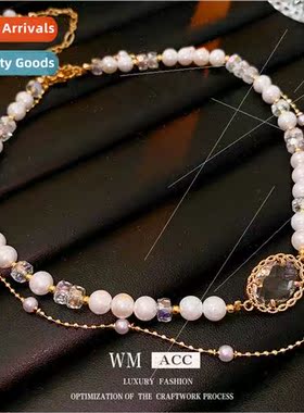 Square oval crystal pearl double layer necklace fashion coll
