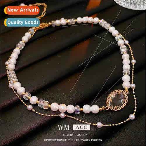 Square oval crystal pearl double layer necklace fashion coll
