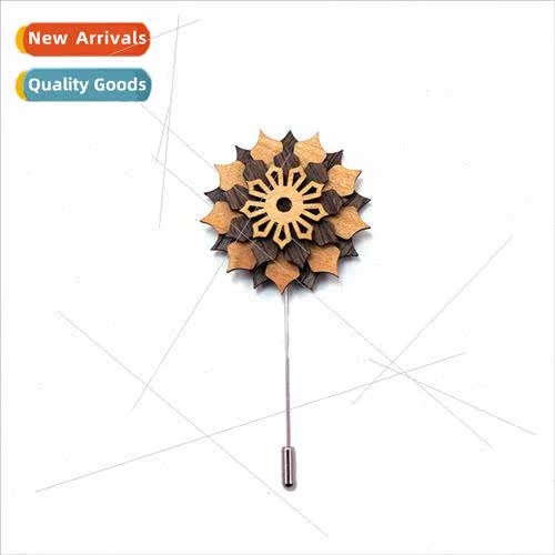 Wooden flowers Korea brooch color blocking pearl alloy pin f