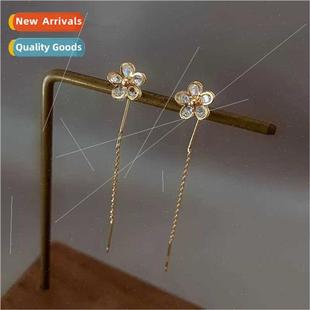 simple crystal wire silver female ear pin tassel s925 flower