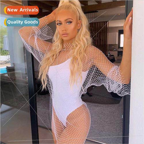 Inlaid Short Fishing Net Dress Shiny Long Sleeve Glter Diamo