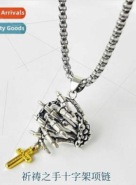 Praying Hands Bone Skull Crossbones Necklace Men Retro Hip H