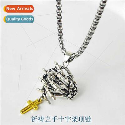 Praying Hands Bone Skull Crossbones Necklace Men Retro Hip H