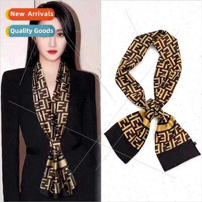 New small neckerchief thin narrow long printed silk scarf fe