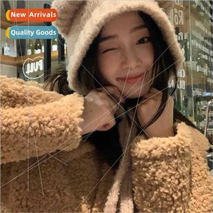 female rope ears plush bear tie cute fall 2023 hat Korean