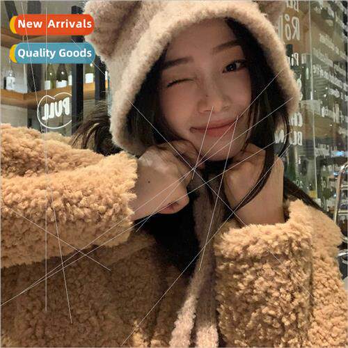 2023 Korean  tie rope cute bear ears plush hat female fall w