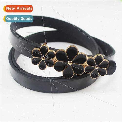 Women Flower Plate Buckle Thin Belt PU Patent Leather Women