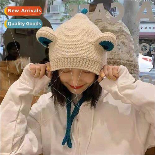 Frog knted ear protection cap female autumn winter tie rope