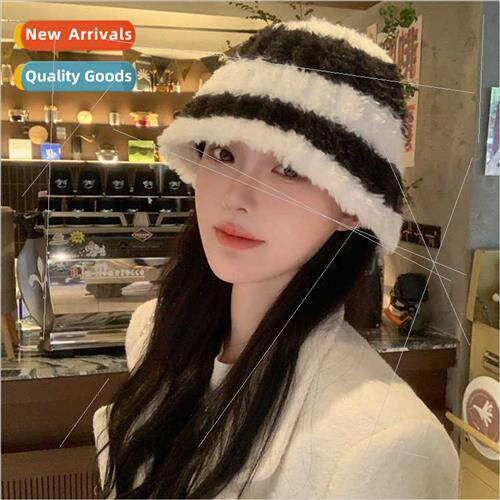 Colorblocking striped plush hat female autumn winter casual