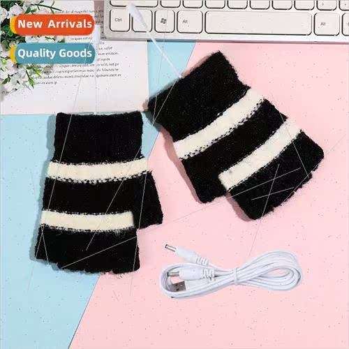 Striped Half Finger Gloves Winter Warm Gloves Heated Gloves