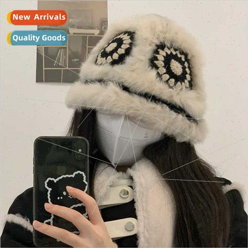 Rabb hair knted plush cap female fall winter furry tiger hea