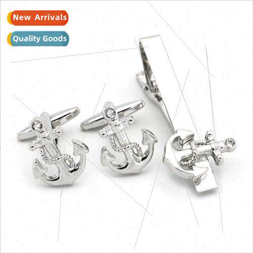 lver Hook Anchor Rudder Cufflinks Tie Clip Set Men Jewelry F