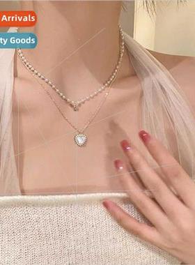 Pearl Double Layers Heart Necklace Women Premium che Stackin