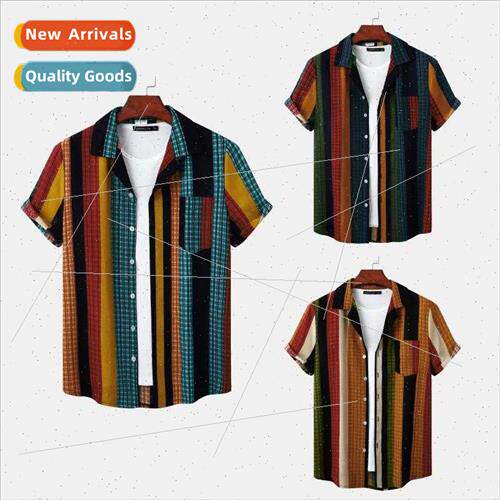2023 New Hawaii Men Beach Cuban Neck Cotton nen Striped Shor