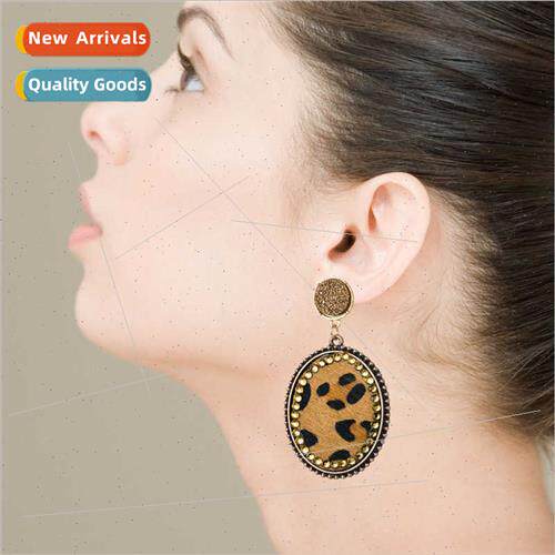 Europe new ins oval leather leopard earrings female natural