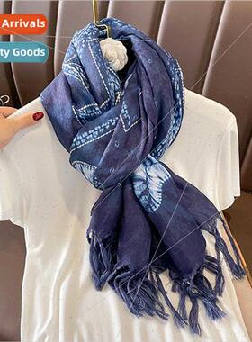 Spring Autumn cotton linen hfeeling blue batik large long sc