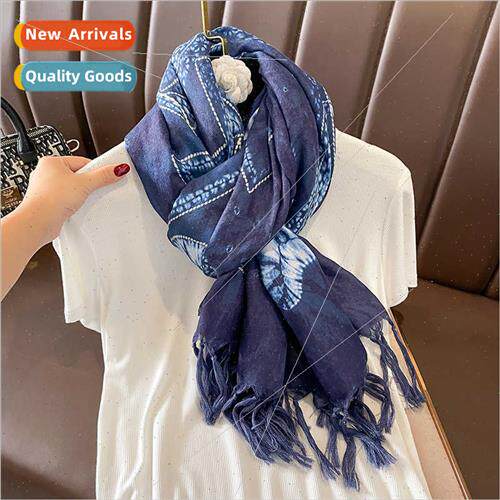 Spring Autumn cotton linen hfeeling blue batik large long sc