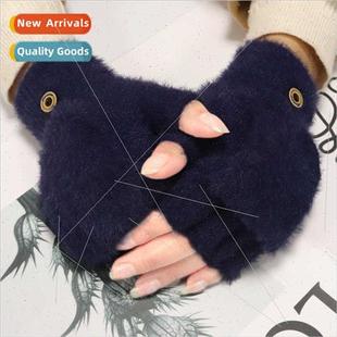 Women winter warm plush gloves students open-fingered flap g