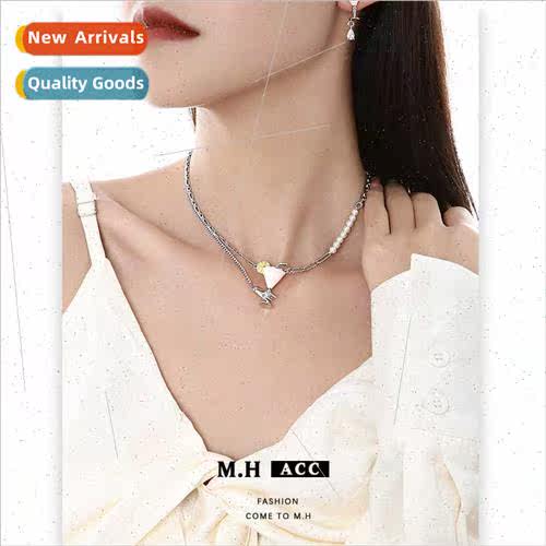 Pink wine glass necklace female cold wind ins collarbone cha