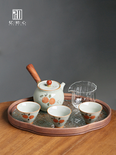 手绘柿子功夫茶具茶盘套装哥窑家用高档侧把茶壶盖碗茶杯一壶三杯