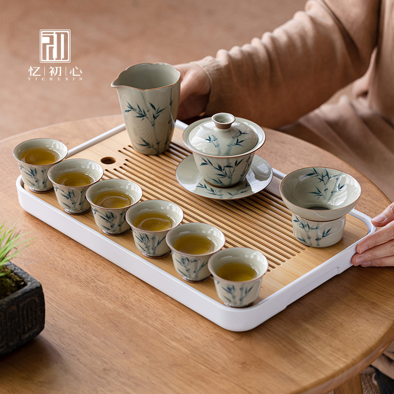 草木灰手绘竹子盖碗功夫茶具套装家用客厅茶杯茶盘整套礼盒送礼