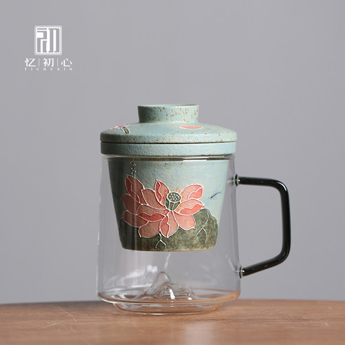 青花火石红荷花陶瓷玻璃茶杯带盖带过滤泡茶杯办公室家用喝茶杯子