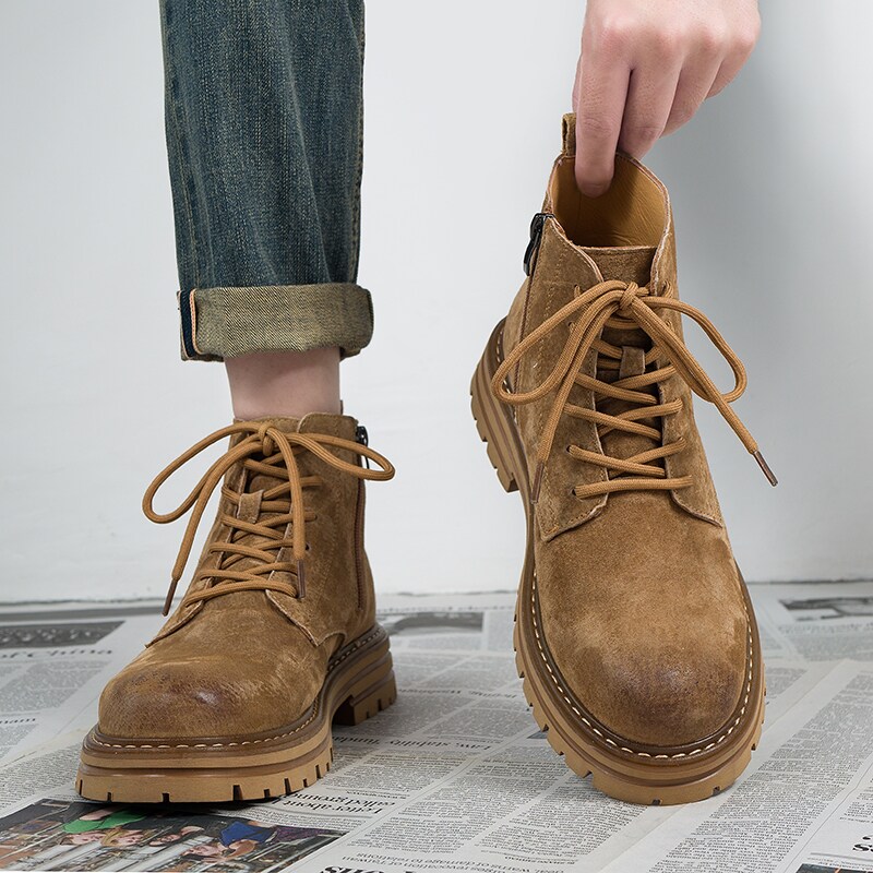 马丁靴男款低帮2025新款中筒真皮工装靴子厚底增高沙漠高筒大黄靴