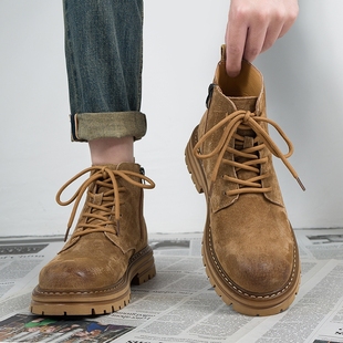 马丁靴男款低帮2025新款中筒真皮工装靴子厚底增高沙漠高筒大黄靴