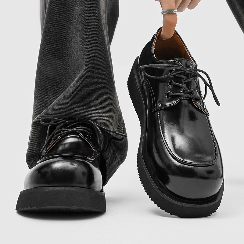 德比鞋男款2025新款大头系带休闲男鞋高级感商务黑色厚底增高皮鞋