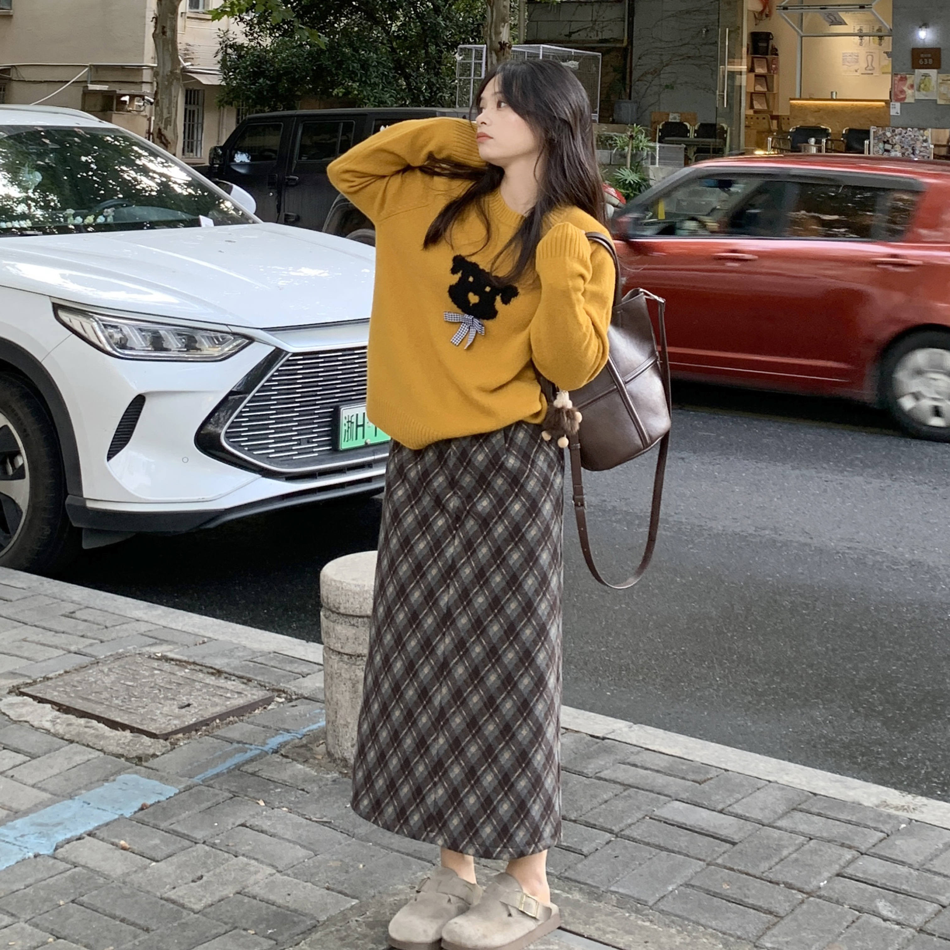 PERRY自制小个子 磨毛加绒~复古半身裙显瘦百搭中长款裙子150xxs