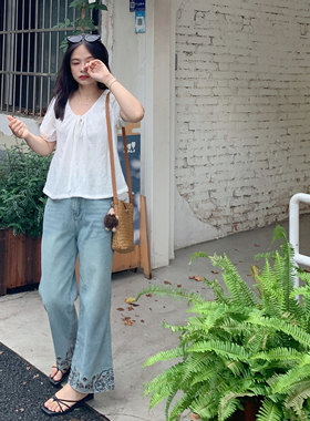 PERRY自制小个子花边高腰直筒牛仔裤女显瘦百搭休闲裤150xxs