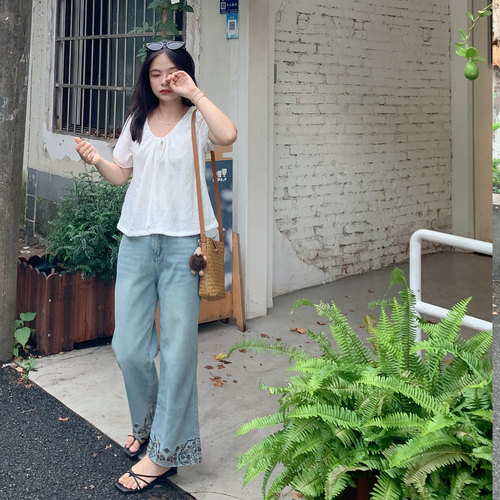 PERRY自制小个子花边高腰直筒牛仔裤女显瘦百搭休闲裤150xxs