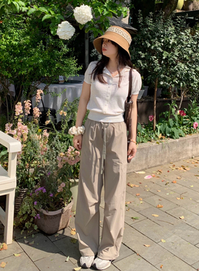 PERRY自制小个子简约工装休闲松紧拖地夏款工装裤小码150xxs