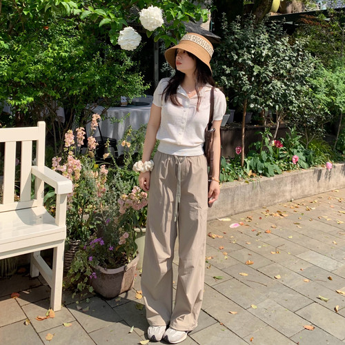 PERRY自制小个子简约工装休闲松紧拖地夏款工装裤小码150xxs