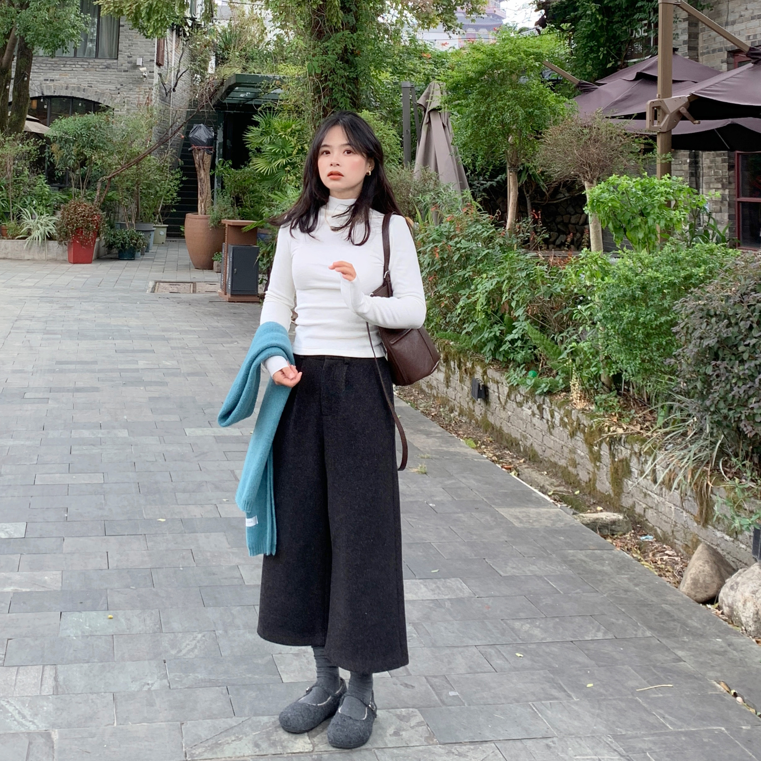 PERRY自制小个子七分裤毛呢休闲裤女宽松显瘦百搭阔腿裤150xxs