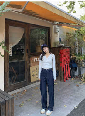 PERRY自制小个子深蓝色窄版阔腿牛仔裤女直筒小码150xxs